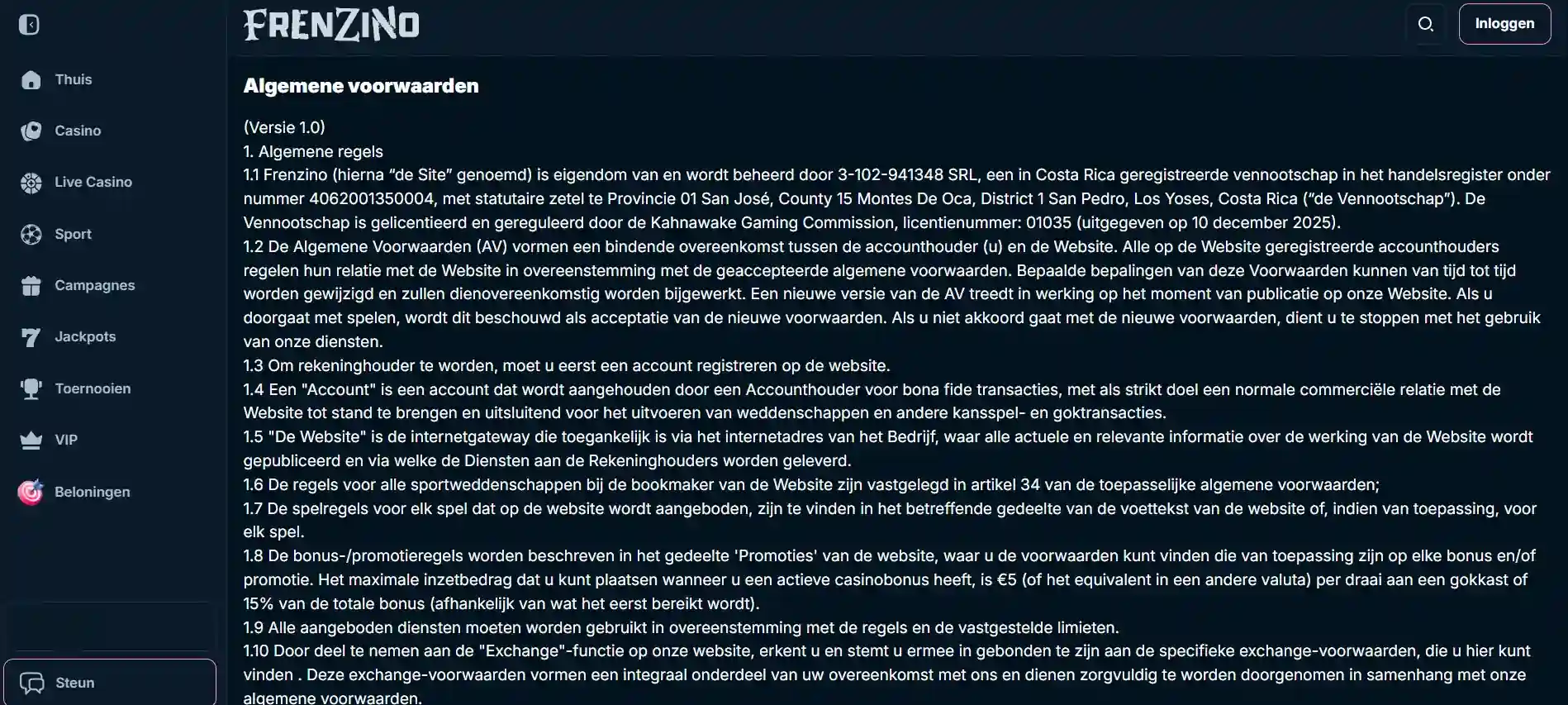 Actuele Frenzino voorwaarden met operator- en licentievermelding