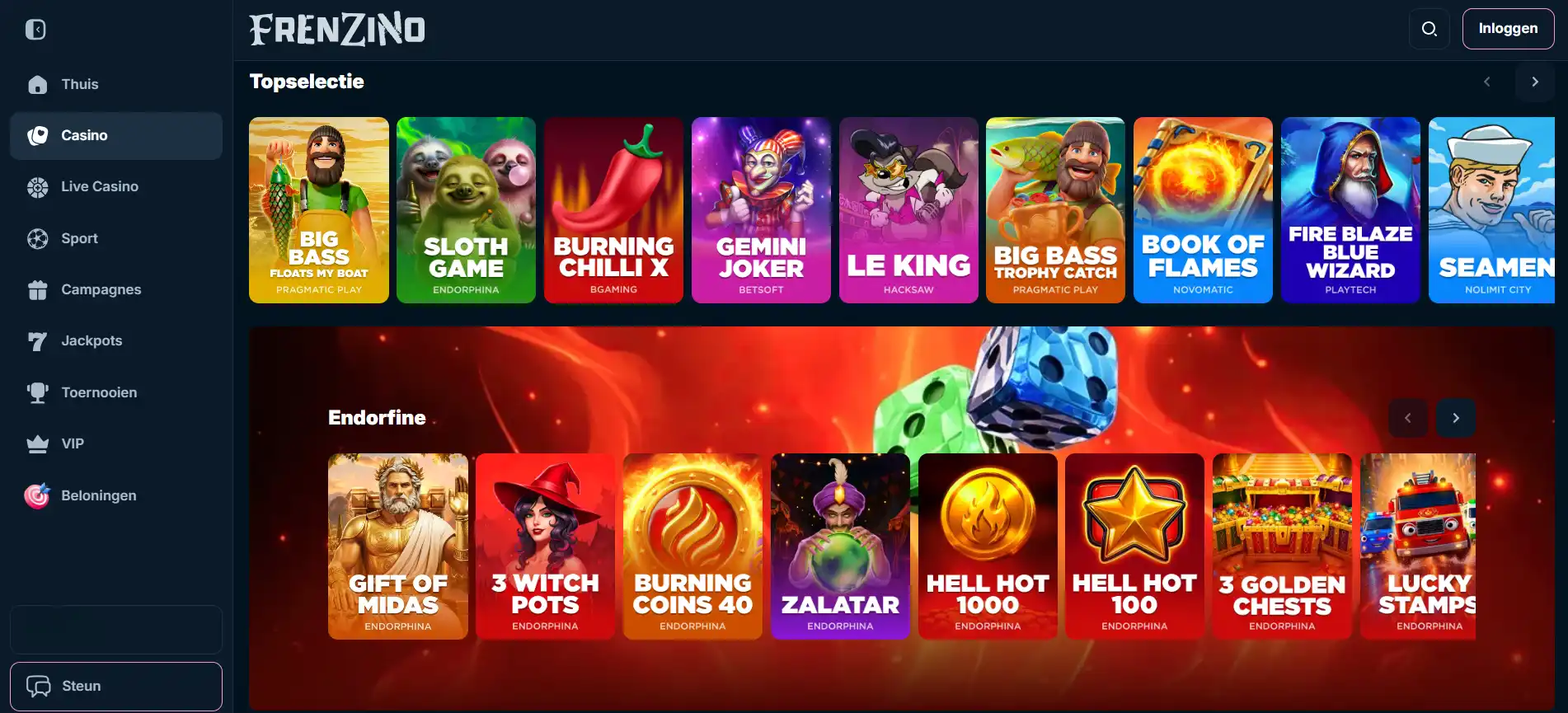 Actuele Frenzino game lobby met categorieën en providers