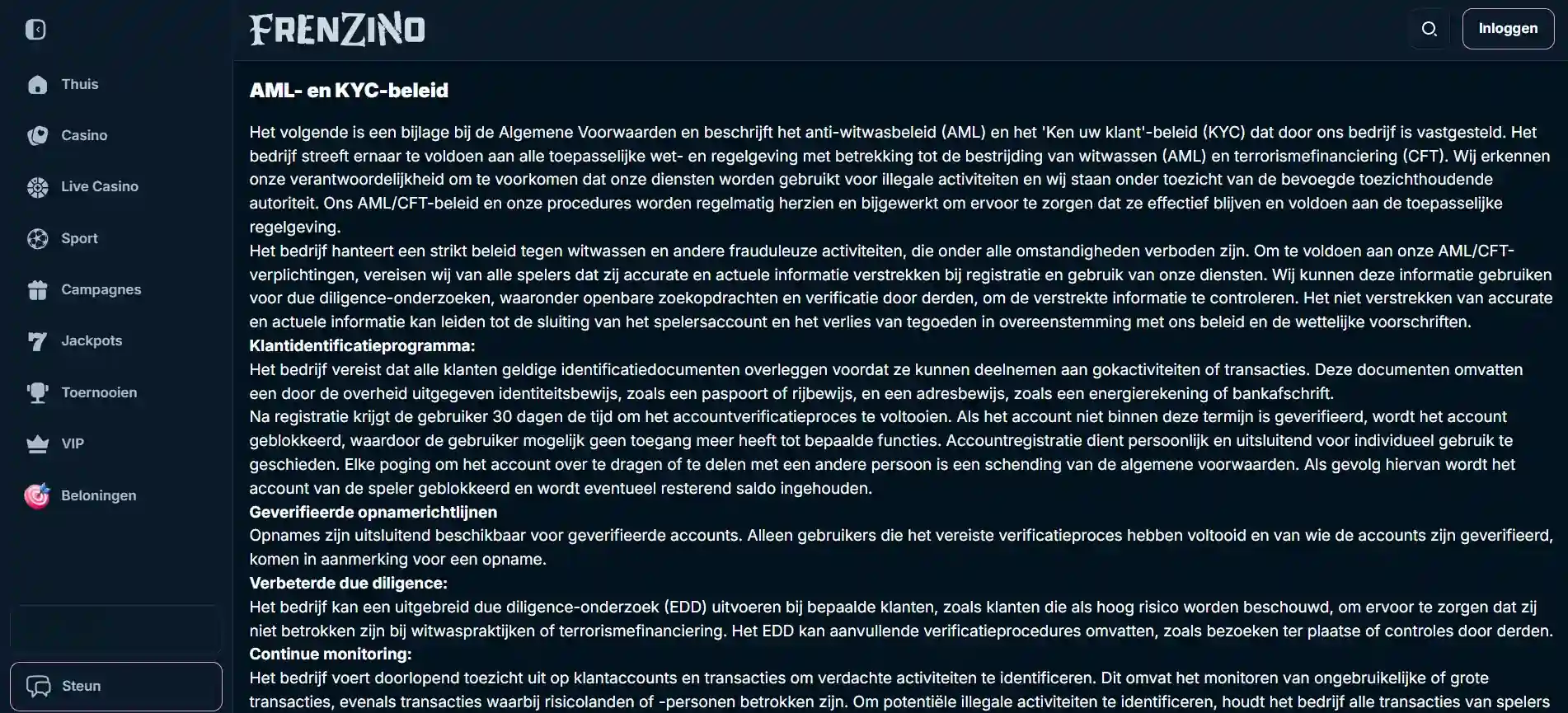 Actuele Frenzino registratie- of KYC-interface