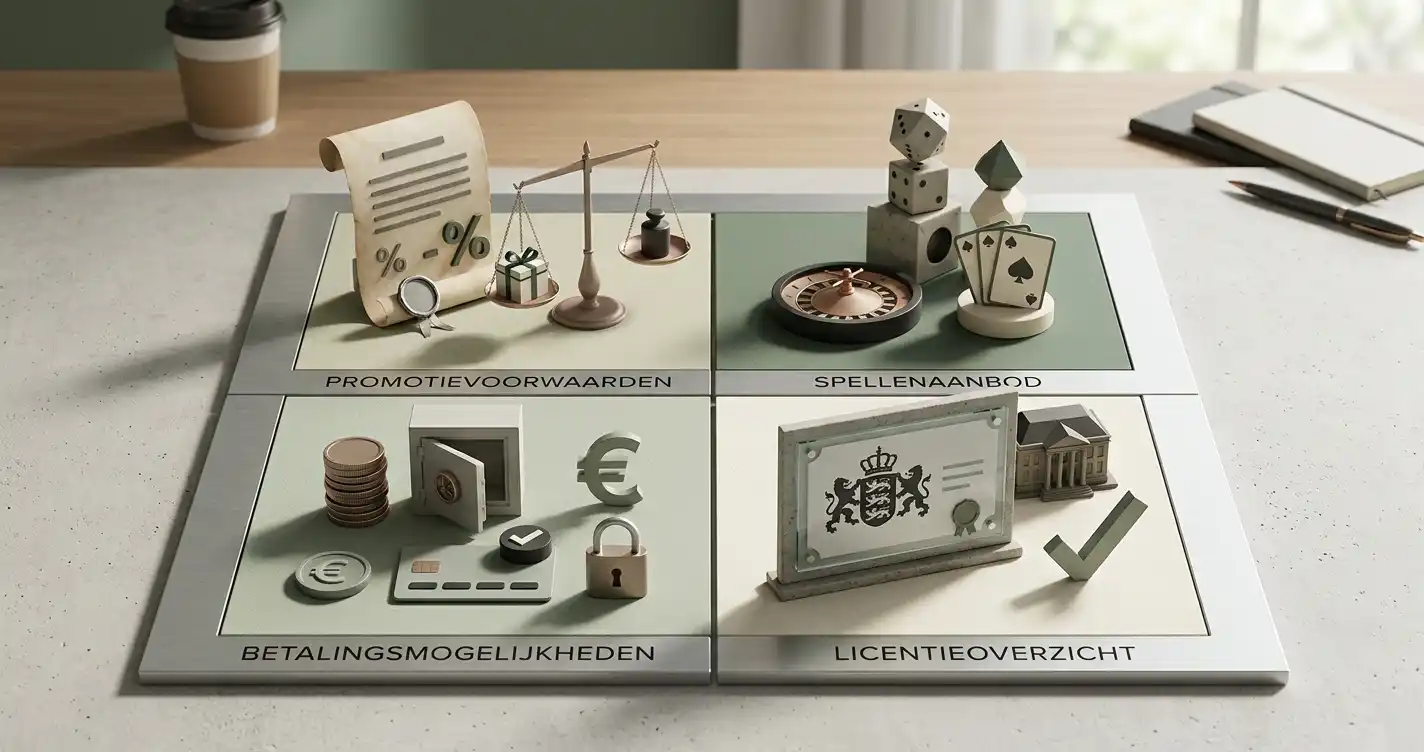 Conceptuele illustratie van bonus, spellen, betalingen en vergunning als beoordelingscategorieën